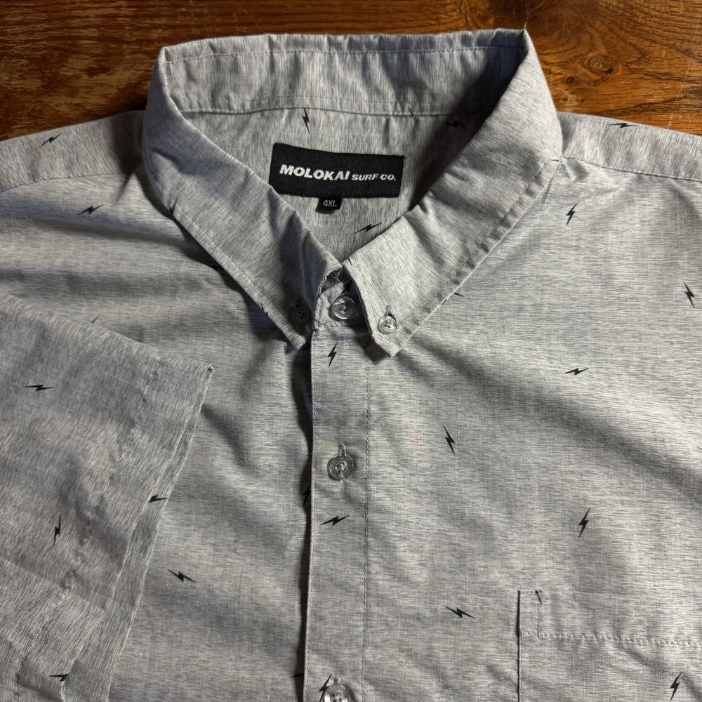 Molokai Surf Co Mens 4X Short Sleeve Button‎ Down Shirt Lightening Bolt Gray